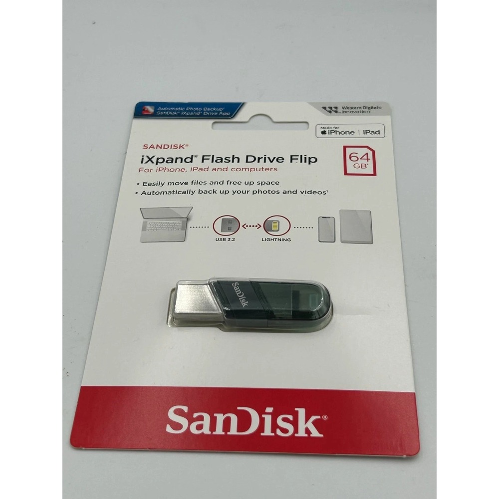 New Sandisk iXpand Flash Drive Flip 64GB iPhone iPad Lightning USB Thumbdrive